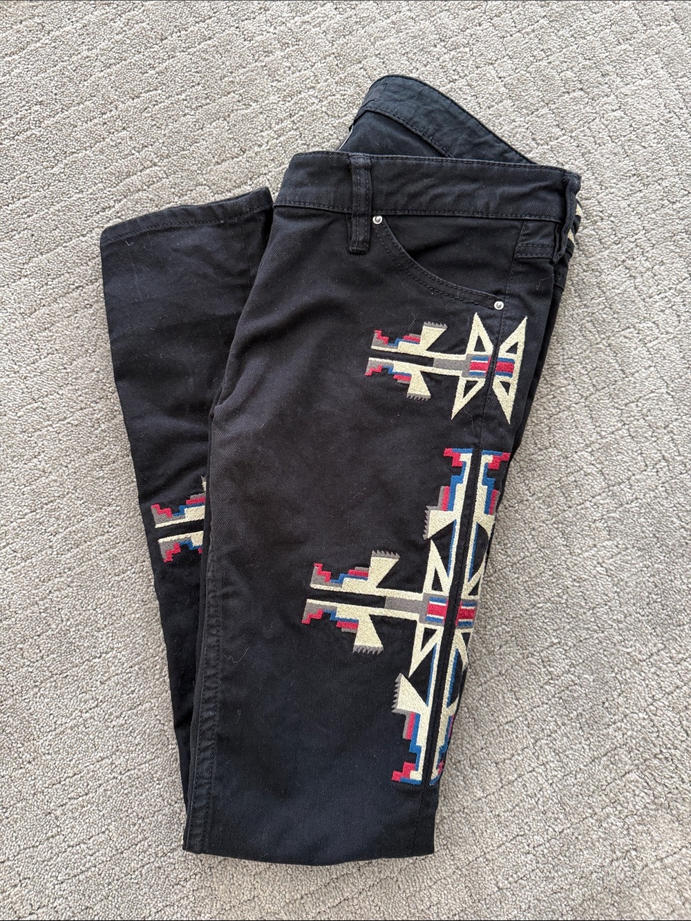 Isabel Marant Black Straight-Leg Pants with Cream, Red & Blue Embroidery